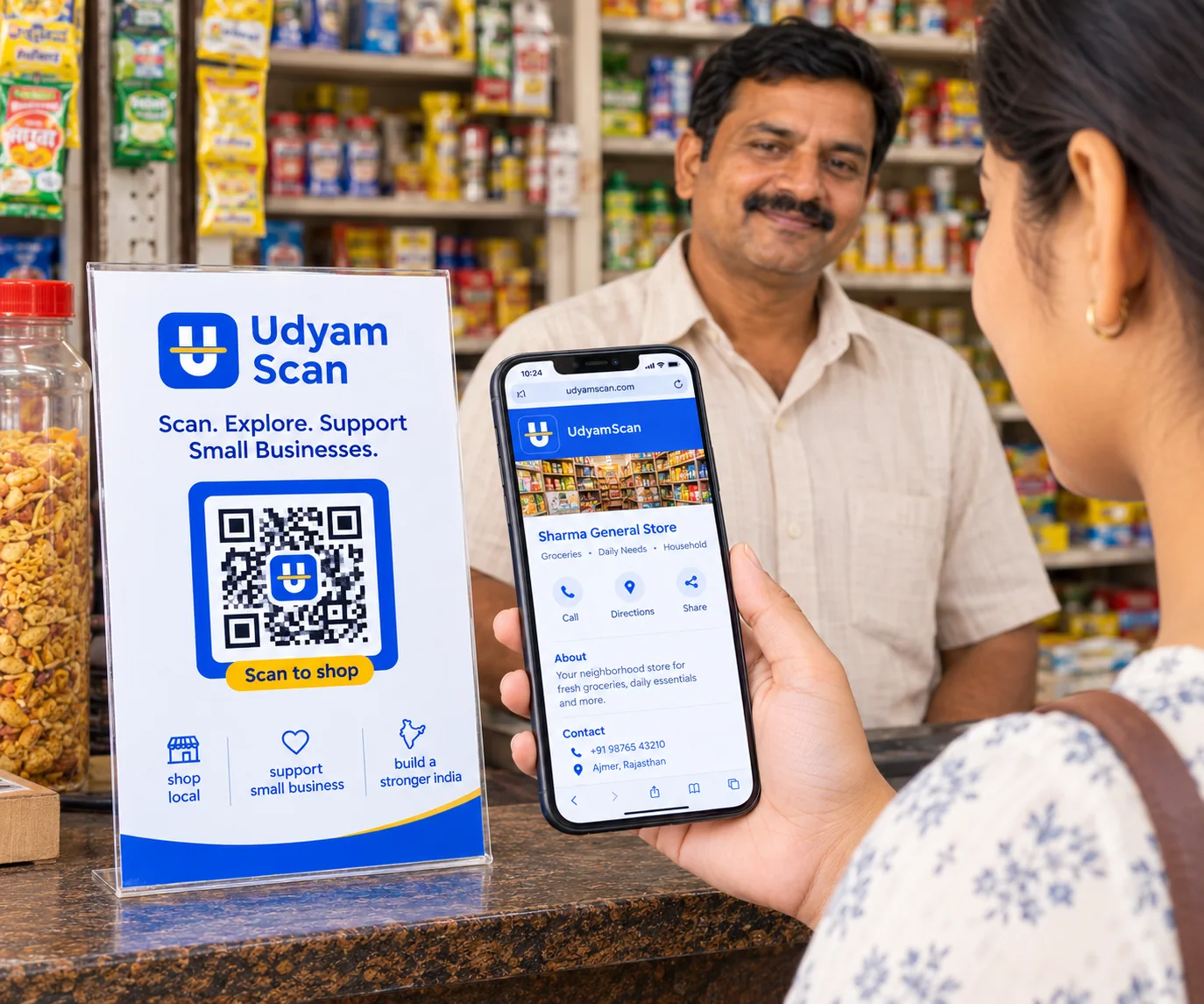 A buyer at a grocery counter opens Sharma General Store’s UdyamScan page on her phone after scanning the QR sign